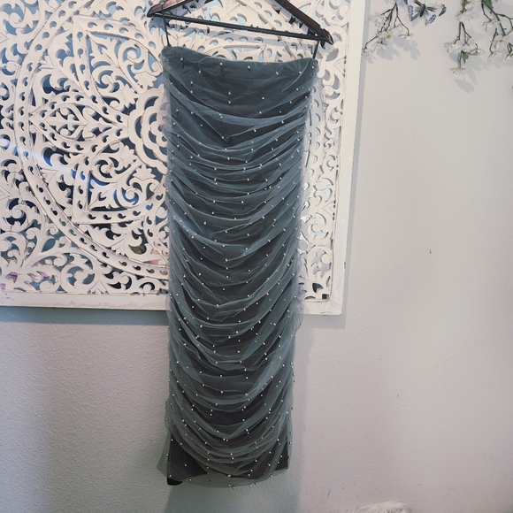 ZARA STRAPPLES TULLE/PEARLS GREY MIDI DRESS WOMENS SIZE LARGE - Picture 5 of 16